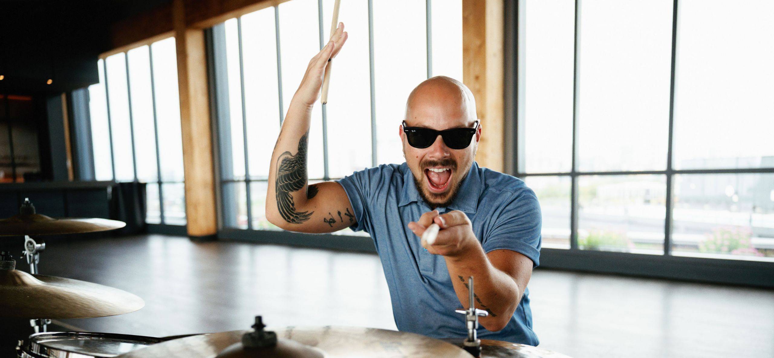 close-up of drummer posing for portrait